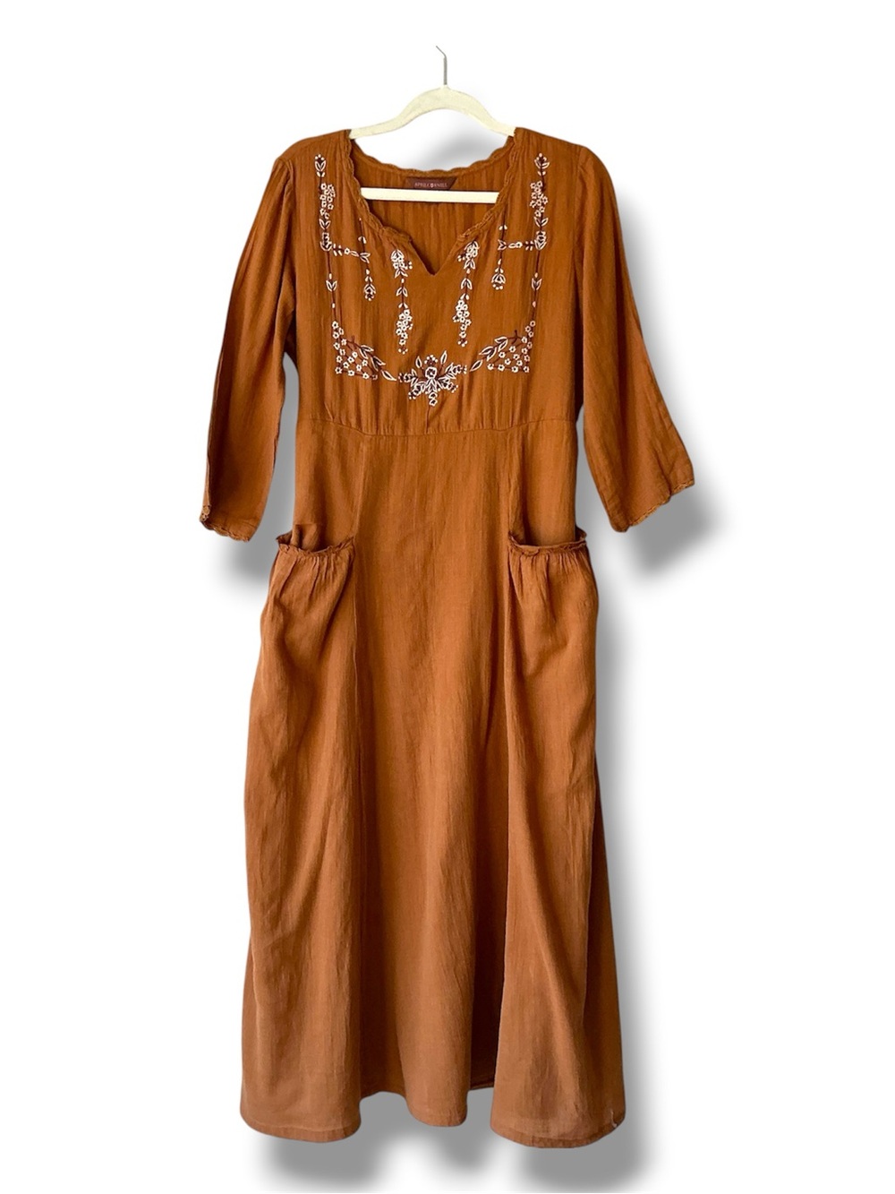 April Cornell Cottagecore Floral Embroidered Maxi Dress in Rust Brown Size M